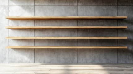 Minimalist Wooden Shelves Mounted on Concrete Wall in Modern Interior Design Concept