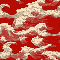 A series of waves and waves with a red seamless pattern background