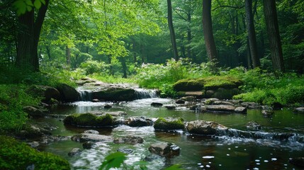 Obraz premium Tranquil stream flowing through lush green forest creating a serene natural landscape with rocks and gentle vegetation