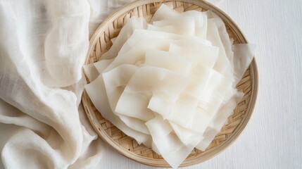 Flat rice noodles Kuay Tiew Kway Teow neatly arranged on a bamboo plate with a light background for culinary and food photography