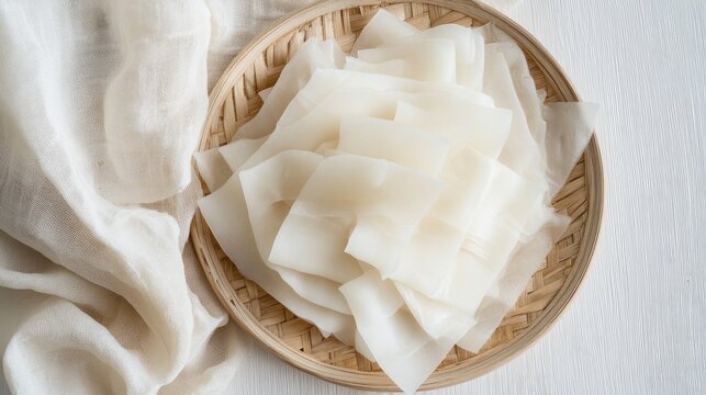 Flat rice noodles Kuay Tiew Kway Teow neatly arranged on a bamboo plate with a light background for culinary and food photography