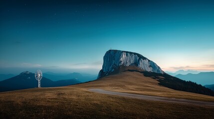 Majestic Mountain Peak  Night Sky  Scenic Vista  Grassland Landscape