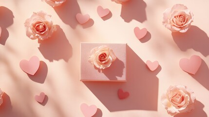 Romantic flat lay of pink roses gift box and heart decorations on soft pastel background for love and celebration themes