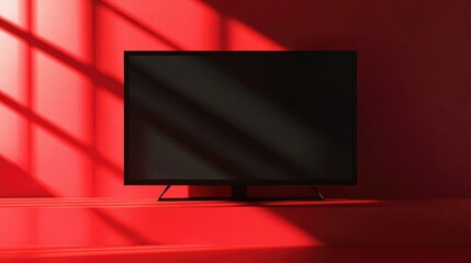 Flat screen TV with subscription notification and dramatic shadows against a vibrant red background for modern media advertising