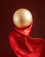 Fototapeta premium Lunar new year celebration festive decor red silk enveloping gold sphere indoor setting artistic view symbol of prosperity