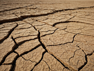 A highly detailed close-up of a cracked, dry earth surface in a barren desert environment, where deep fissures spread across the ground like intricate spiderwebs