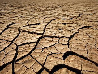 A highly detailed close-up of a cracked, dry earth surface in a barren desert environment, where deep fissures spread across the ground like intricate spiderwebs