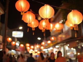 Lunar new year celebration city streets nighttime adorned with red lanterns vibrant atmosphere