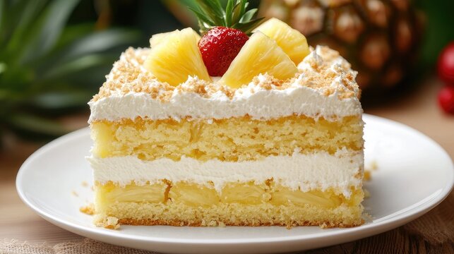 Delicious pineapple cake with fresh fruit topping and whipped cream served on a plate surrounded by tropical elements