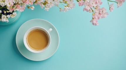 Calm workspace flat lay with coffee cup notebook and floral arrangement on a vibrant turquoise background for creative inspiration and productivity