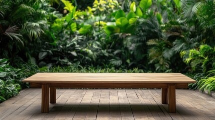 Wooden Table in Lush Garden Setting Ideal for Product Display and Montage