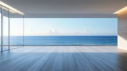 Modern Minimalist Interior with Ocean View Sunlit Space and Clear Blue Sky Ideal for Relaxation and Coastal Living Concepts