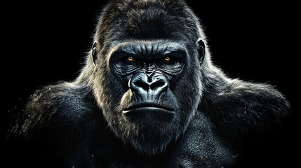 Fototapeta premium A majestic gorilla stares with piercing eyes, its monochrome fur contrasting starkly against the background. Its massive frame exudes a primal power
