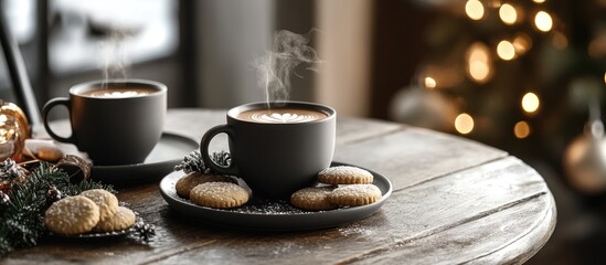 Cozy holiday table featuring steaming coffee cups and delightful cookies ideal for festive Christmas celebrations