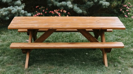 Rustic Wooden Picnic Table Surrounded by Lush Green Lawn and Colorful Flower Beds Ideal for Outdoor Dining and Relaxation