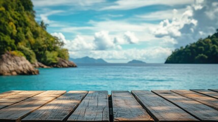 Fototapeta premium Scenic Coastal View with Empty Wooden Surface Ideal for Product Display or Montage in Tropical Setting