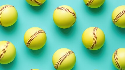 Aesthetic flat lay of yellow softballs on a bright turquoise background creating a vibrant sports theme composition