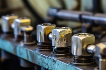 Close-Up of Metal Fasteners and Connectors on Industrial Machinery in a Factory Setting