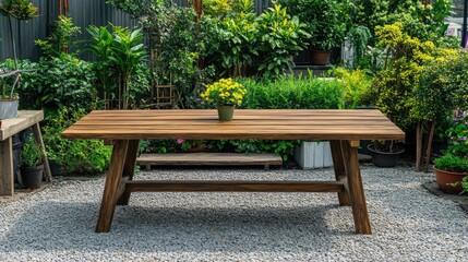 Obraz premium Wooden Table with Potted Plant Surrounded by Lush Garden Ideal for Product Showcase and Outdoor Decor Presentations