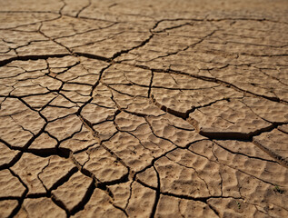 A highly detailed close-up of a cracked, dry earth surface in a barren desert environment, where deep fissures spread across the ground like intricate spiderwebs