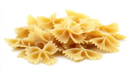 Farfalle pasta displayed on a white background showcasing its unique bowtie shape ideal for food photography and culinary design.