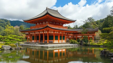 Traditional Japanese temple with stunning architecture reflected in tranquil pond surrounded by lush greenery under a bright cloudy sky