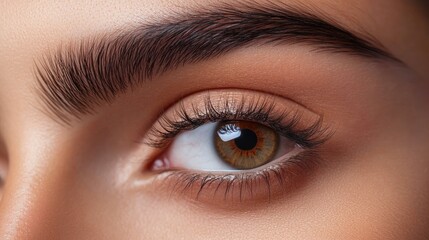 Fototapeta premium Close-up of a woman's eye showcasing flawless skin tone and detailed cellular textures against a softly blurred background.