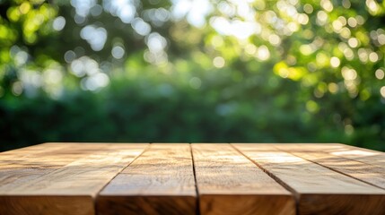 Empty Wooden Table Against Soft Bokeh Background of Greenery and Natural Light Ideal for Product Display or Seasonal Promotions