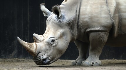 Obraz premium A rhino with its head down is captured in a close-up photo against a black backdrop. The rhino's skin is a light gray color and it has a small horn on its nose. 