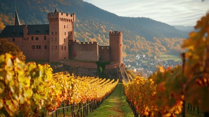 Historic castle surrounded by vibrant autumn vineyards in picturesque landscape with rolling hills and colorful foliage.