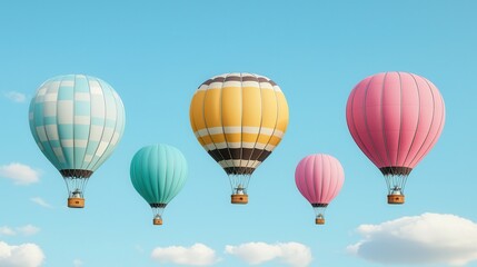 Fototapeta premium Colorful hot air balloons floating in a clear blue sky with soft clouds, creating a vibrant and uplifting scene perfect for travel and adventure themes.
