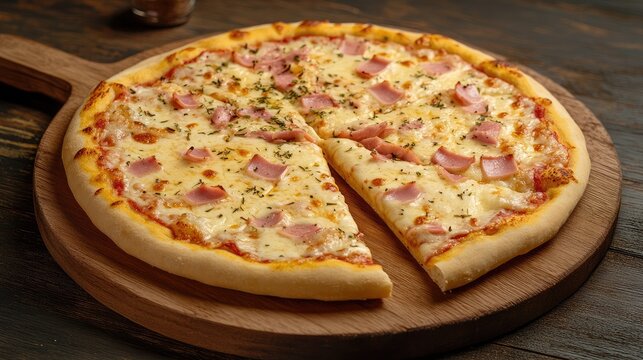 Deliciously sliced ham and cheese pizza on a wooden board ready to serve with fresh herbs and perfect crust