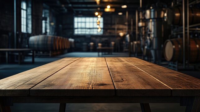 Wooden table in dark brewery interior featuring barrels and production equipment ideal for display or product montage purposes