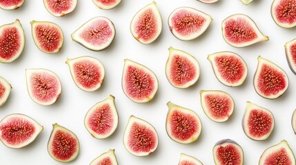 Sliced fresh figs arranged on a clean white background showcasing vibrant pink flesh and unique textures ideal for culinary presentations.