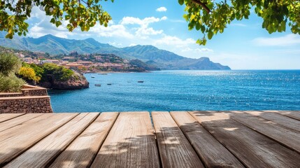 Fototapeta premium Tropical Seascape with Empty Wooden Table and Scenic Mountain View Under Bright Sky