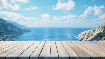 Fototapeta premium Wooden tabletop for product display overlooking serene ocean view under bright sunny sky with mountains in background