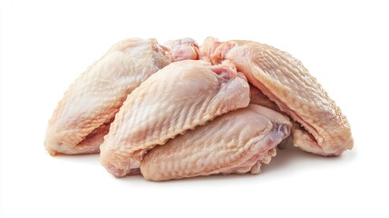 Raw chicken wings stacked on white background ready for cooking or culinary presentation