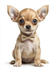 Obraz premium Chihuahua puppy with beige bow tie on white background