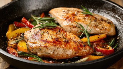 Saut&Atilde;&copy;ed chicken breasts with fresh rosemary and colorful bell peppers in a skillet for a delicious meal presentation