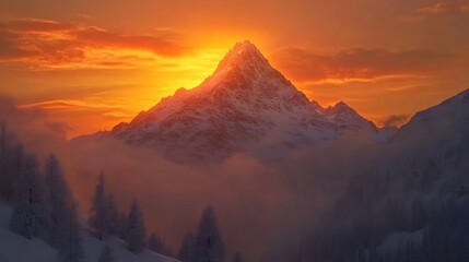 Stunning orange sunset illuminating snowy peaks and winter landscape with glistening trees and atmospheric clouds in serene mountain setting