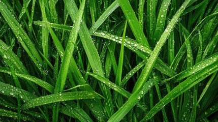 Fototapeta premium Close-up of fresh water droplets on vibrant green grass blades in a natural meadow setting emphasizing nature's beauty and tranquility.