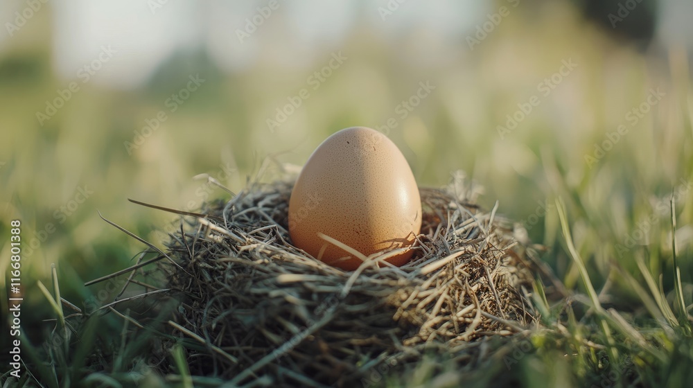 Wall mural Farm fresh brown chicken egg resting in a natural small nest surrounded by green grass under soft sunlight