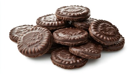 Chocolate sandwich cookies arranged on a white background showcasing their rich texture and delicious dark coating. Perfect for dessert imagery.