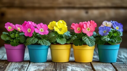 Vibrant primula flowers in colorful pots arranged on a rustic wooden background showcasing nature's beauty and cheerfulness.