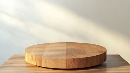Round Wooden Display Podium for Products with Natural Light and Soft Background Contrast