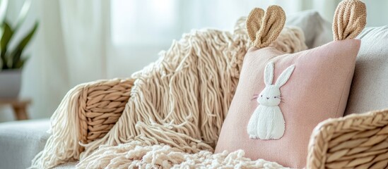 Wicker basket with bunny ears showcasing fringed throw blanket and pink pillow featuring a rabbit ideal for spring home decor accents