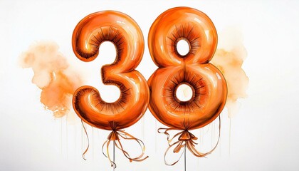 Obraz premium Orange birthday / anniversary balloon, number 38, watercolor painting with white background