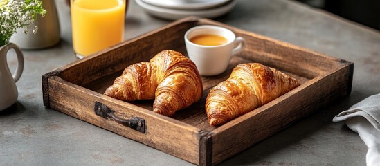 Continental breakfast with coffee orange juice and fresh croissants on rustic wooden tray ideal for cozy morning gatherings
