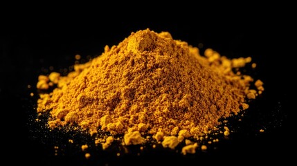 Vibrant mound of fresh yellow curry powder showcasing rich texture and color isolated on a black background for culinary and food photography.