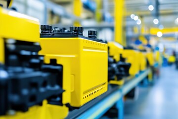 Yellow industrial equipment on assembly line in modern manufacturing facility